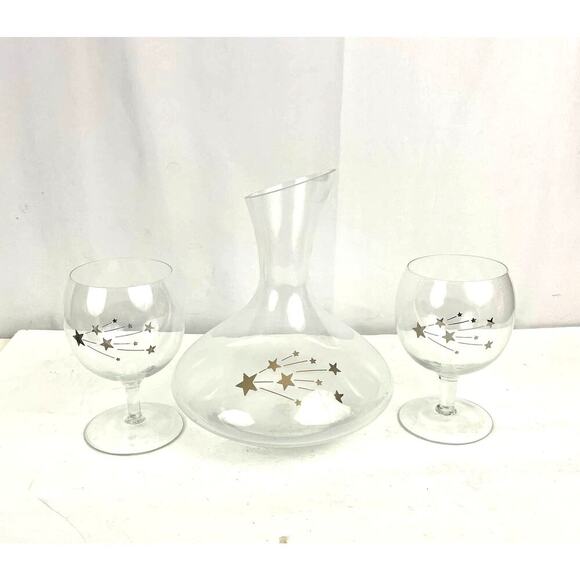 VTG Gold Shooting Star Comets 2X Glass & Wine Carafe Decanter Stars Macy's MCM - Picture 1 of 16